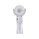 Handheld fan with transparent design on a white background