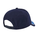 Navy blue baseball cap with a white brim on a white background