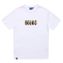 White t-shirt with colorful graphic design on a white background