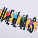 Colorful graphic with stylized figures behind the word 'HELLO' on a light blue background