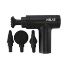 Black massage gun with attachments on a white background, branded 'HELAS'.