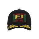 Black cap with colorful 'Grand Prix F1 HELAS' text and design on a white background