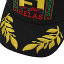 Black cap with embroidered yellow leaves and red text on a white background