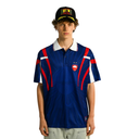 Person wearing a blue polo shirt with red and white stripes and a cap on a white background