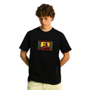 Person wearing a black t-shirt with colorful graphics and text on a white background