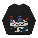 A black knit crewneck sweater featuring a graphic design of three dogs playing a card game at a table, with a small white umbrella icon on the left chest.