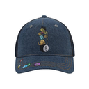 A blue denim baseball cap with a black mesh back, featuring an embroidered cartoon character on the front and colorful billiard ball accents on the brim.