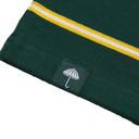 Green fabric with yellow and white stripes and a logo on a white background