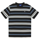 Black and white striped t-shirt with blue accents on a white background