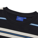 Close-up of a black sweater with blue and white stripes and a blue label on a white background.
