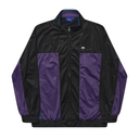 A black and purple windbreaker jacket with a full-zip front, elasticated cuffs and hem, and a small white umbrella logo on the left chest, shown on a plain white background.