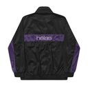 Black windbreaker jacket with purple side panels and a purple horizontal stripe across the upper back featuring the white text 'hélas'.