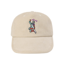Beige cap with embroidered design and 'Hélas' text on a white background