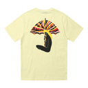 Light yellow t-shirt with a colorful umbrella and black figure graphic on a white background