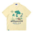 Beige shirt with 'Hélas Vacances' graphic design on a white background