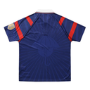 Blue sports jersey with red accents on a white background