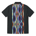 Black polo shirt with colorful wavy pattern on the back against a white background