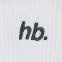 Embroidered 'hb.' logo on a white background