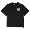 Black t-shirt with a logo on the chest against a white background