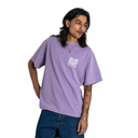 Person wearing a purple t-shirt with a logo on a white background