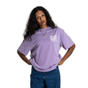 Woman wearing a purple t-shirt with text on a white background
