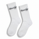 White socks with black text on a white background
