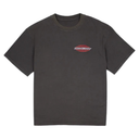 Dark gray t-shirt with a red and white logo on a white background