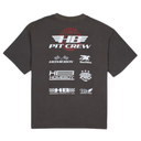 Black t-shirt with multiple logos on the back against a white background