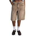 Person wearing brown denim shorts on a white background