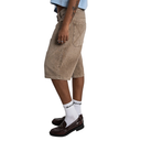 Person wearing brown denim shorts on a white background