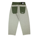 Back view of a pair of kids' heather gray pants with dark green contrast pocket trims and waistband, featuring a small white embroidered brand logo on the right pocket.