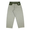 A pair of light heather gray tapered pants with dark olive green contrast waistband and pocket trims, featuring a visible 'BAGGY FIT' brand patch on the pocket.