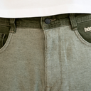 Close-up of a pair of faded olive green denim jeans, showing the waistband, button, belt loops, front seam, and part of the pocket.