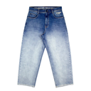 Light blue denim jeans with a faded wash, featuring a white embroidered logo on the right pocket and white text on the inner waistband.