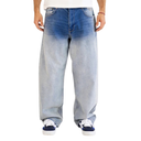 A person wearing very wide-leg light-wash blue jeans with a dark blue fade at the waist, paired with a white t-shirt and navy sneakers, shown from the waist down on a white background.