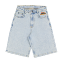 Light blue denim shorts with a brand logo on a white background