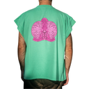 Green sleeveless shirt with pink orchid design on the back, worn by a person.