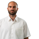 Man wearing a white shirt with a pocket on a white background