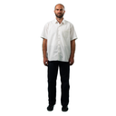 Man wearing a white shirt and black pants on a white background