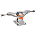Skateboard truck with silver metal finish and orange bushings on a white background