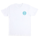White t-shirt with a turquoise logo on a white background