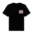 Black t-shirt with a logo on the chest against a white background