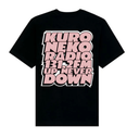 Black t-shirt with pink text 'KURO NEKO RADIO 13.2FM UP NEVER DOWN' on a white background