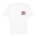 White t-shirt with a small red and black logo on a white background
