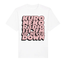 White t-shirt with pink text 'KURO NEKO RADIO 131.2FM UP NEVER DOWN' on a white background