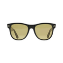 Black-framed sunglasses with gold-tinted lenses on a white background