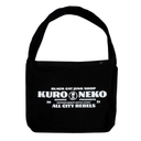 Black tote bag with white text on a white background