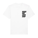 White t-shirt with a gold emblem on a white background