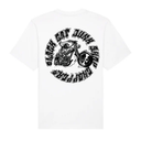 White t-shirt with black motorcycle graphic and text on a white background