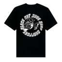 Black t-shirt with a white graphic design of a motorcycle and text on a white background